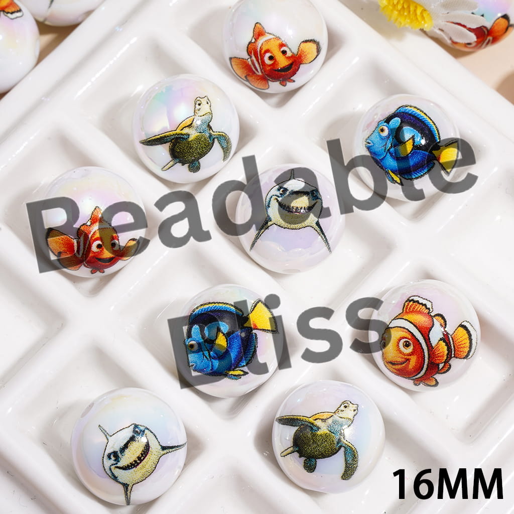 UV Coating Acrylic Beads for Bracelets w Marine Life Character Series, 16MM, Random Mix