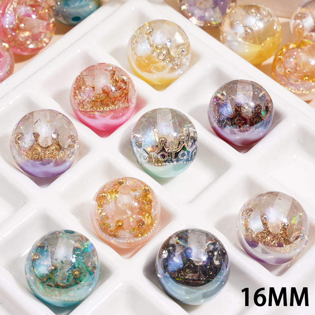 Transparent Acrylic Beads for Bracelet with Crown Detail & Embedded Glitter Flakes, 16MM, Random Mix