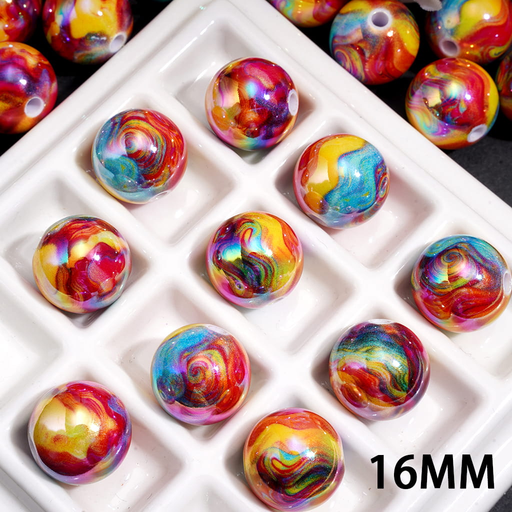 Acrylic Beads for Bracelets UV Coating Colorful Swirl Wavy Patterns, 16MM, Random Mix