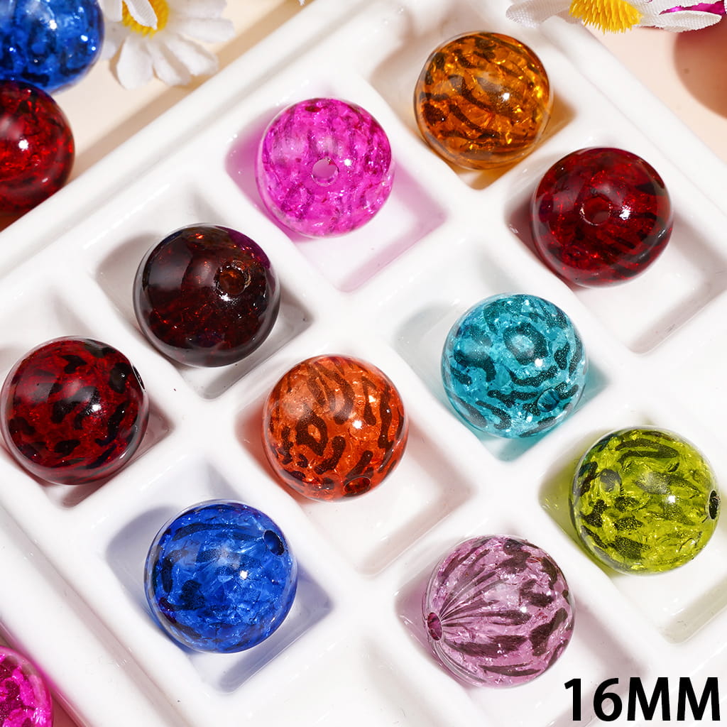 Leopard Printed Crackle Acrylic Beads for Bracelets, 16MM, Multi-Color, Random Mix