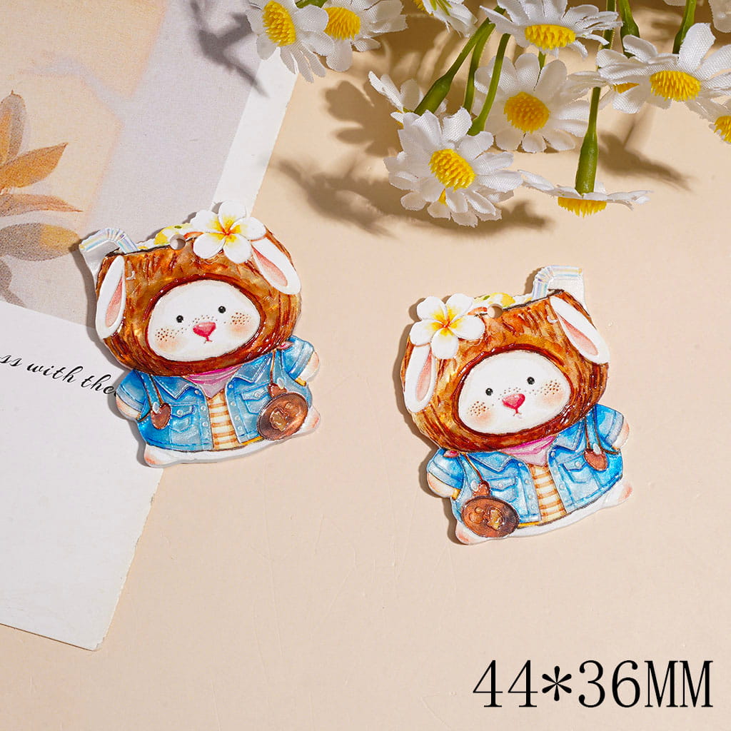 Rabbit with Flower and Coconut Hat Acrylic Pendants, 44*36MM