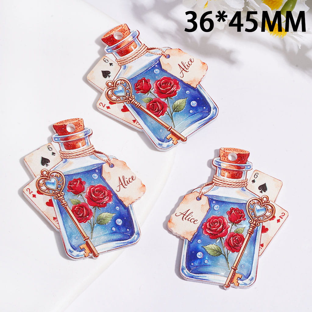 Acrylic Pendants Blue Bottle with Rose Flowers Key and Poker, 36*45MM