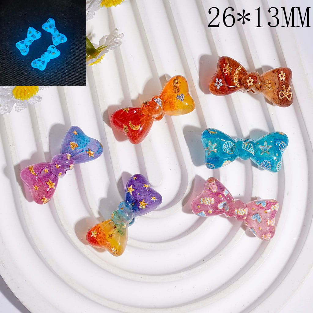 Acrylic Beads Luminous Bowtie with Heart Flower Candy Star Marine Life Prints, Gradient Colors, 26*13MM, Random Mix