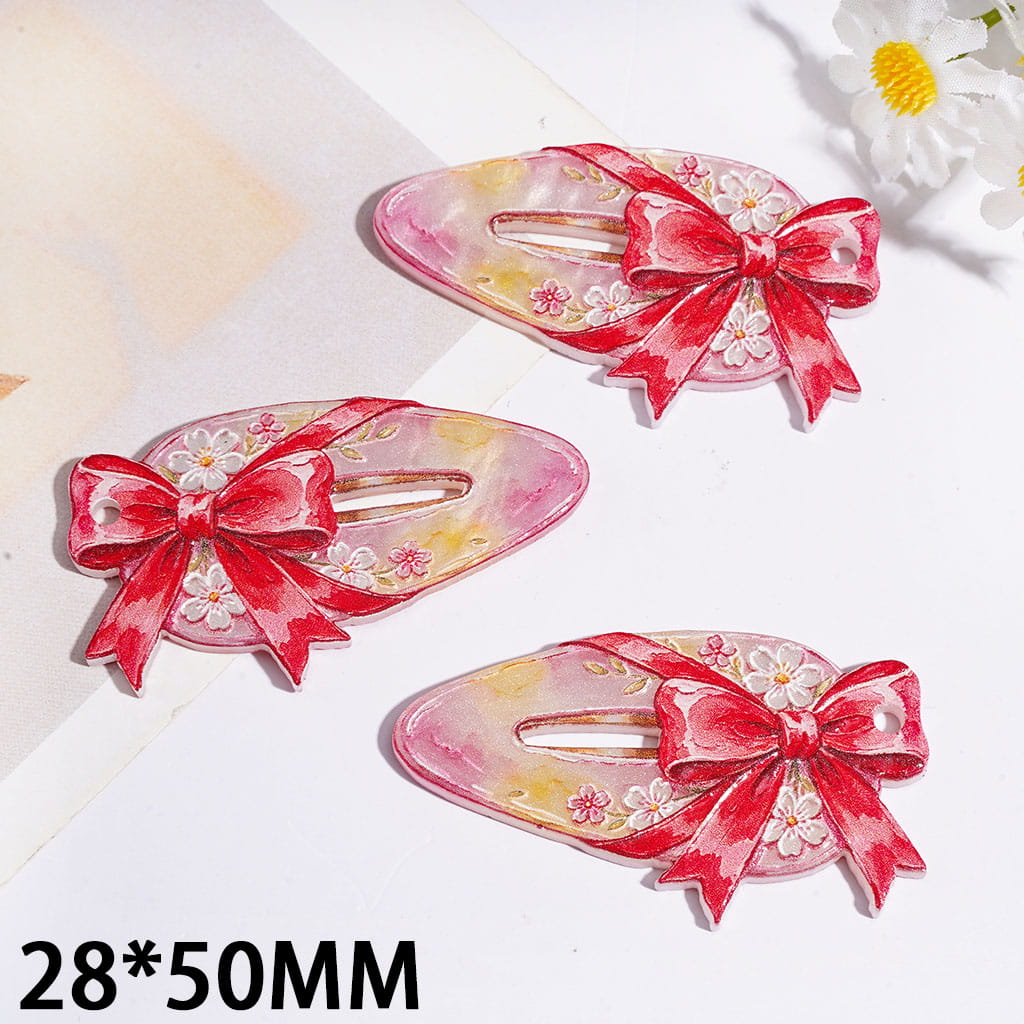 Hair Clip with Red Bow and Floral Print Acrylic Pendants, 28*50MM