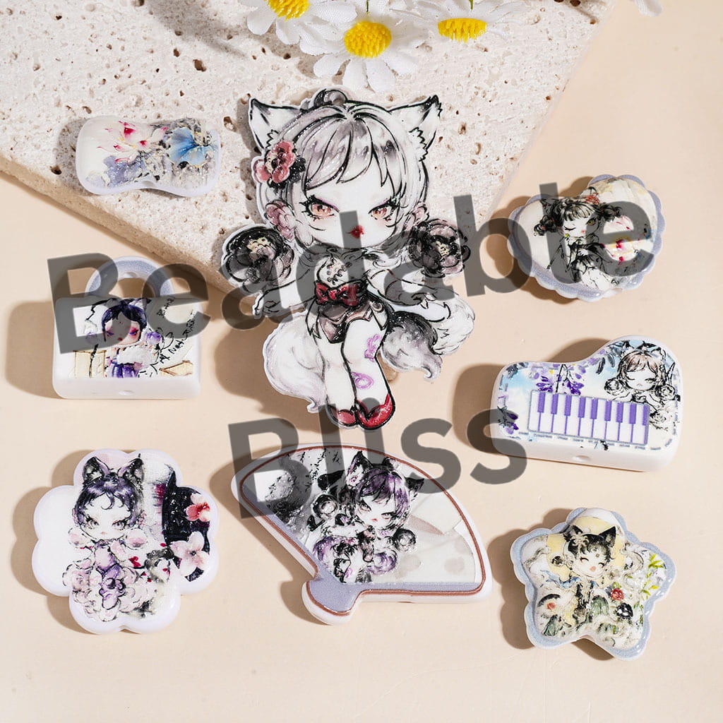 Acrylic Beads & Pendants Enchanting Fox Girl in Chinese Ink-Wash Style, Random Mix
