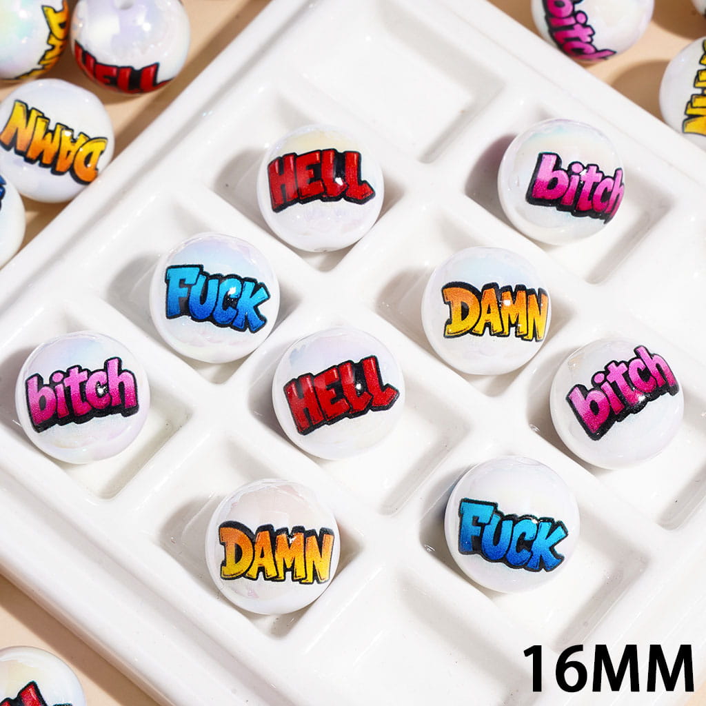 Graffiti Style Humor Text Acrylic Beads for Bracelets in UV Coating Process, Random Mix