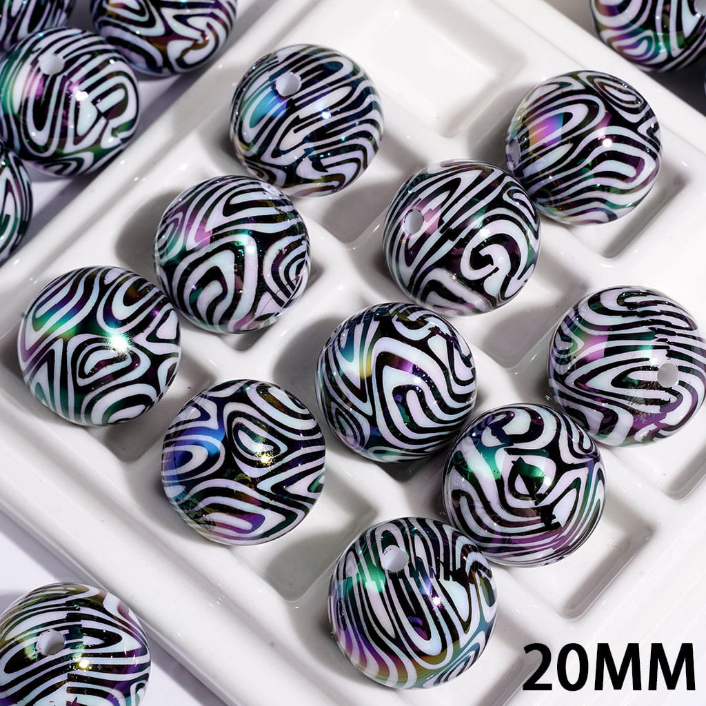 20MM - UV Coating Acrylic Beads for Bracelets with Black and White Swirl Zebra Stripe Print Design