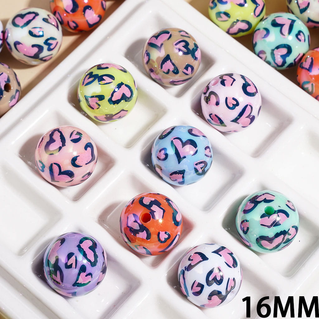 Acrylic Beads for Bracelets UV-Coated Heart Shaped Leopard Prints, 16MM, Multi-Color, Random Mix