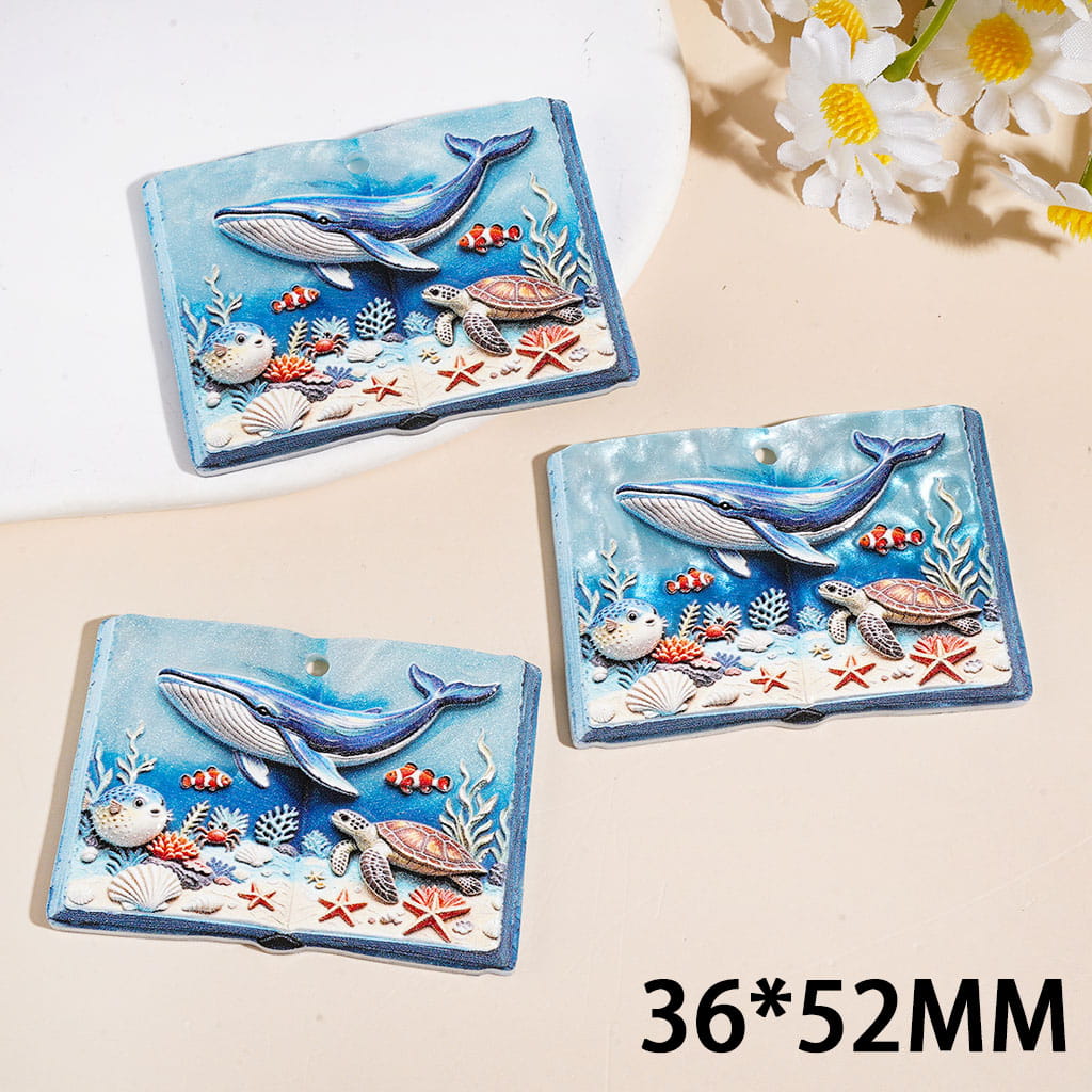 Acrylic Pendants Ocean Series Book with Blue Whales Sea Turtles Fish Crabs Coral Sea Grass Starfish Shells, 36*52MM