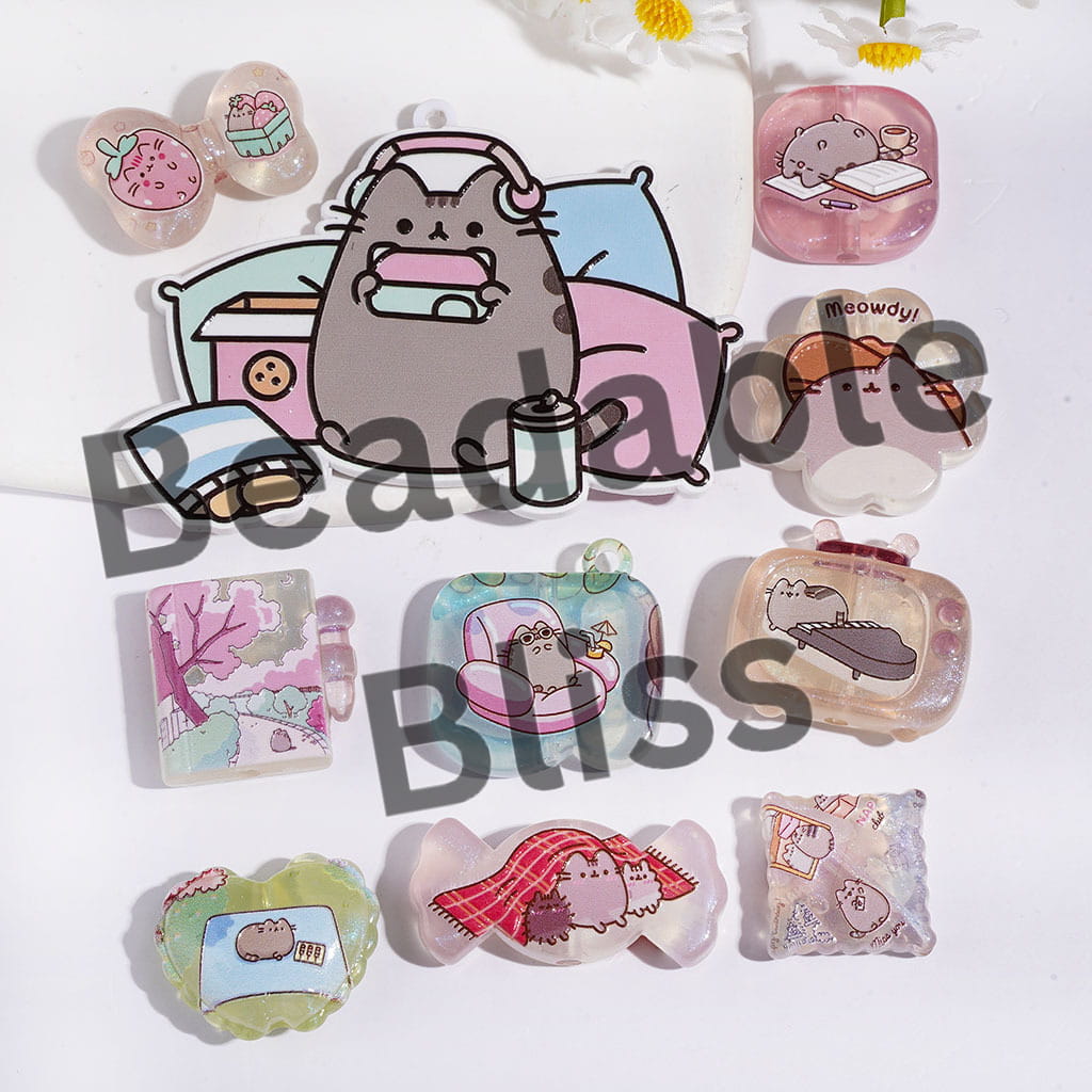 Acrylic Beads and Pendants Chubby Tabby Cat Character, Leisure Time Theme, Random Mix