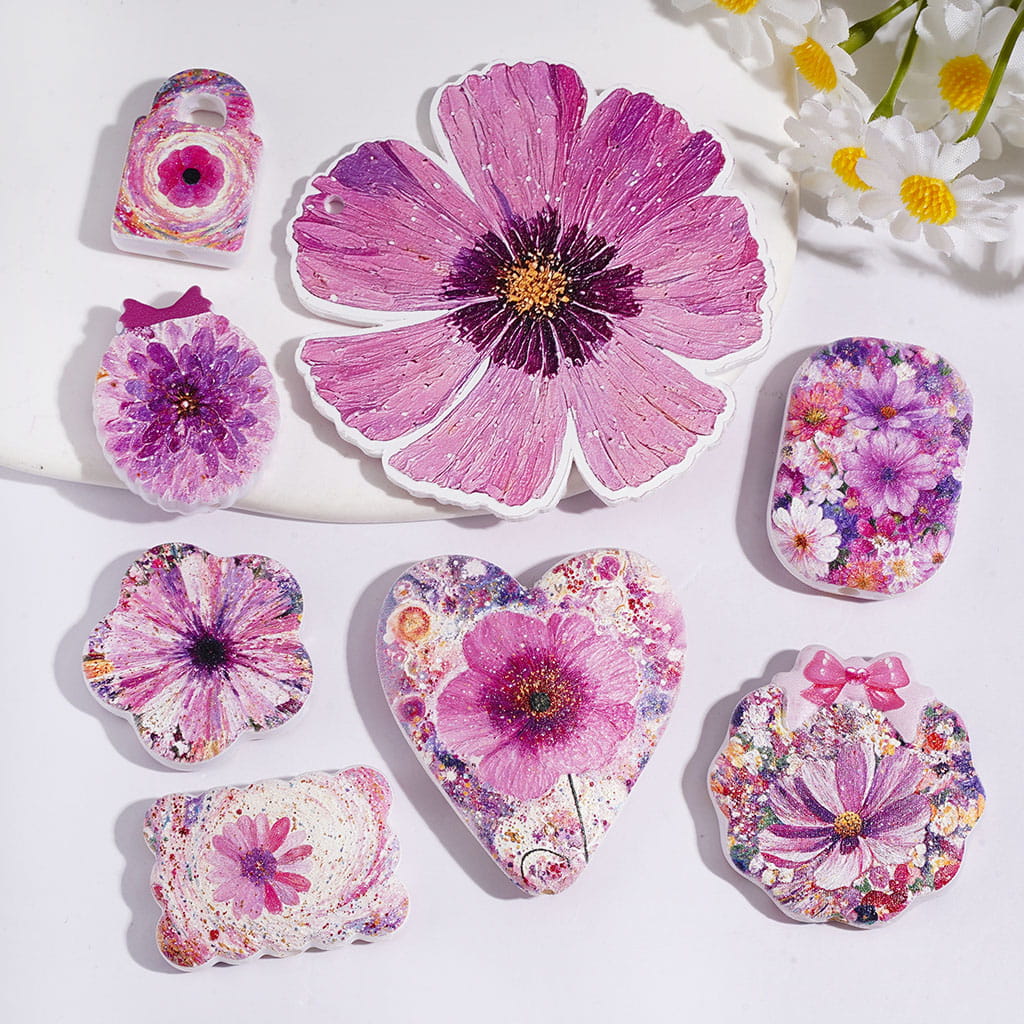 Pink-Purple Daisy Flower Series Acrylic Beads and Pendants, Random Mix