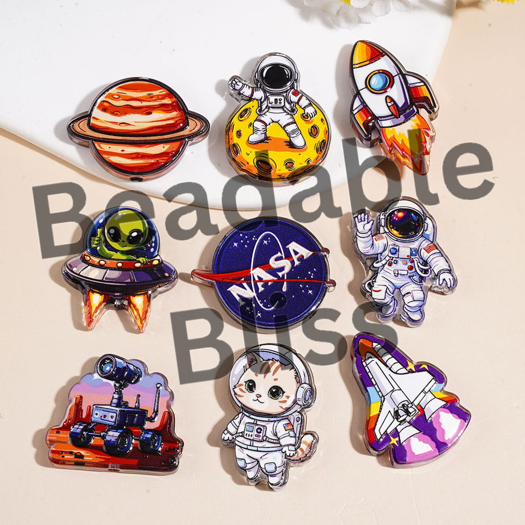 Acrylic Beads Space Series, Astronaut Planet Rocket UFO, Random Mix