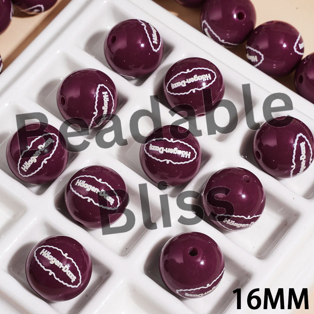 Acrylic Beads for Bracelets Ice-Cream Text Label Designs, Purple Red, 16MM