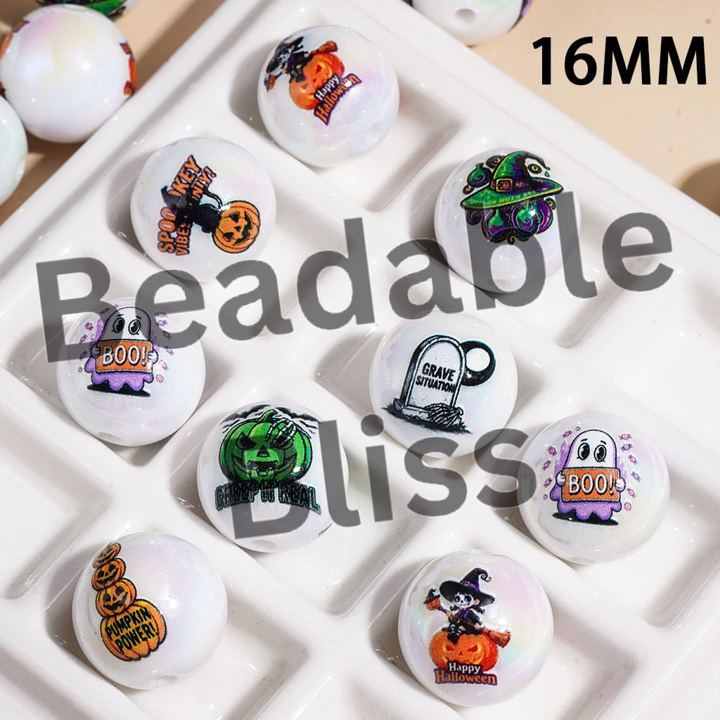16MM - Pumpkin Witch Hat Ghost Tombstone UV-Coated Acrylic Beads for Bracelets, Halloween Theme, Random Mix