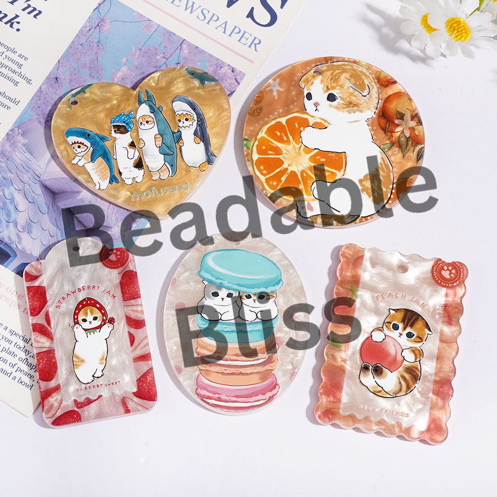 Acrylic Pendants with Fritillaria Pearl-Like Texture Shark Cat Fruit Series, Random Mix
