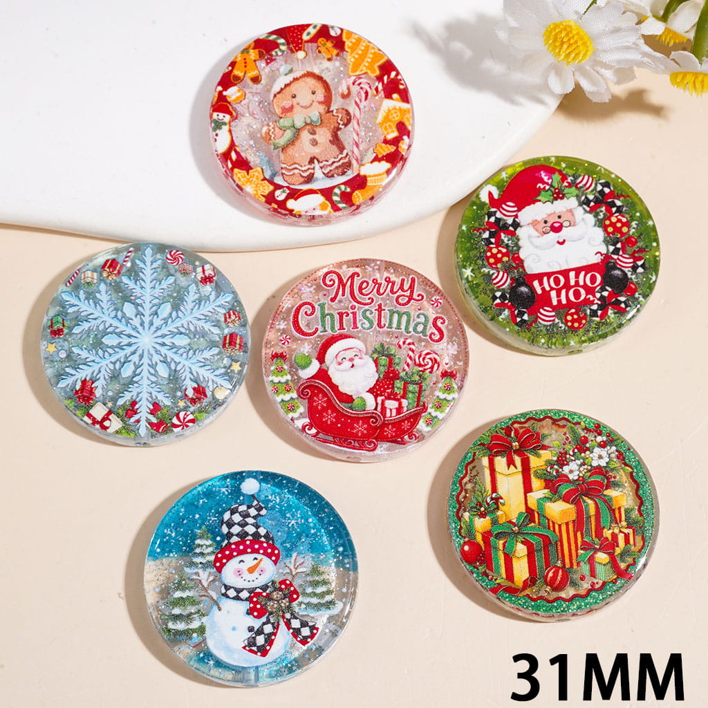Acrylic Beads Christmas Theme with Glitter Gingerbread Man Snowflake Santa Claus Gift Box, 31MM Random Mix