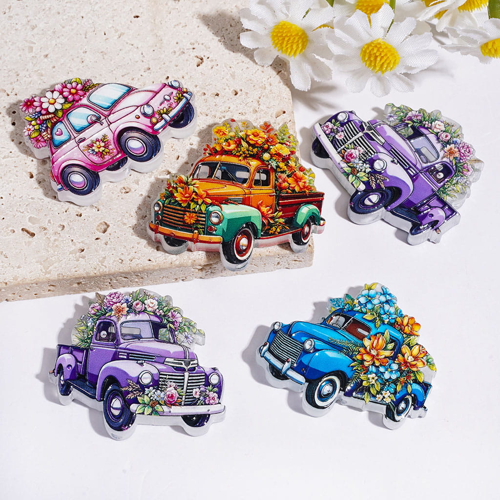 Acrylic Beads Truck Car with Various Flowers, Around 30*35MM, Multi-Color, Random Mix