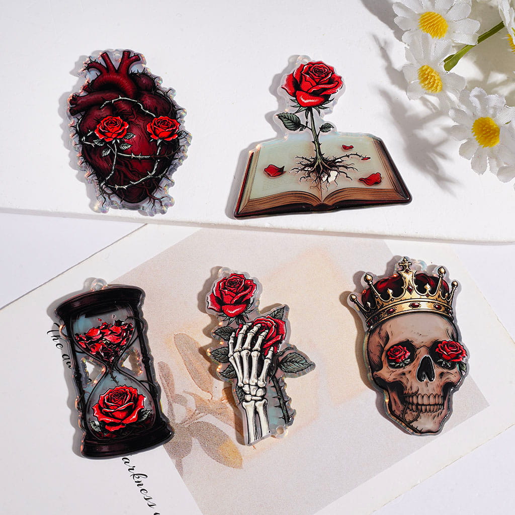 Laser Iridescent Color Cardiac Skull Head Hand Book Sand Glass Acrylic Pendants, Halloween Red Rose Theme, Random Mix