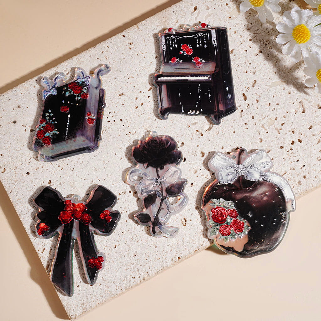 Acrylic Pendants Rose Flower Apple Bowtie Piano Book in Laser Iridescent Color, Black Halloween Style, Random Mix