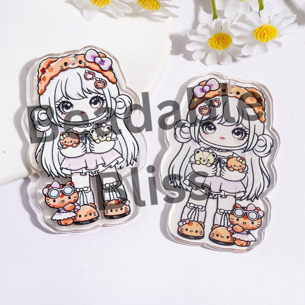 White Haired Girl Holding Cute Cat Character Single-Sided Print Acrylic Pendants, Semi-Color