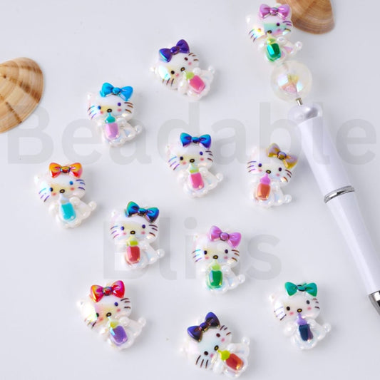 UV Coating Cute HK Kitten Holds a Bottle Sanri Acrylic Beads, Around 20*25MM, Please Read the Description