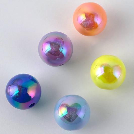 UVコーティングの光沢のあるハートプリントのカラフルなラウンドアクリルビーズ、16MM、説明をお読みください。