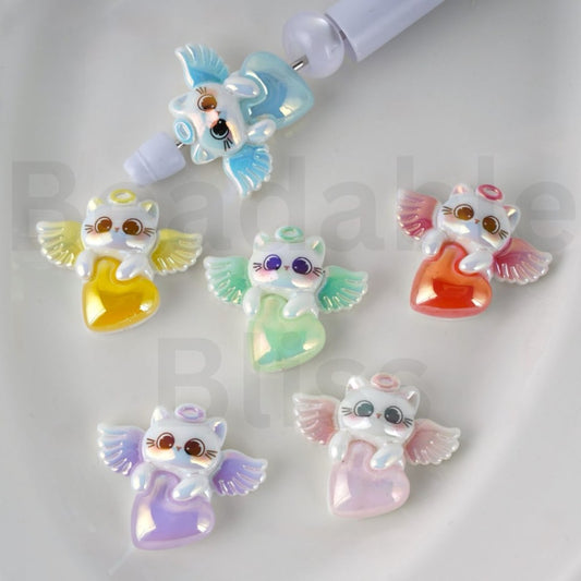 UVコーティング 光沢のあるキュートな天使猫子猫アクリルビーズ 約31×27MM ランダムミックス