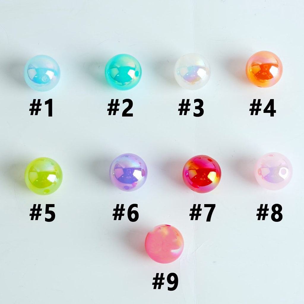 Nine colorful beads on a white background with numbers indicating their order.