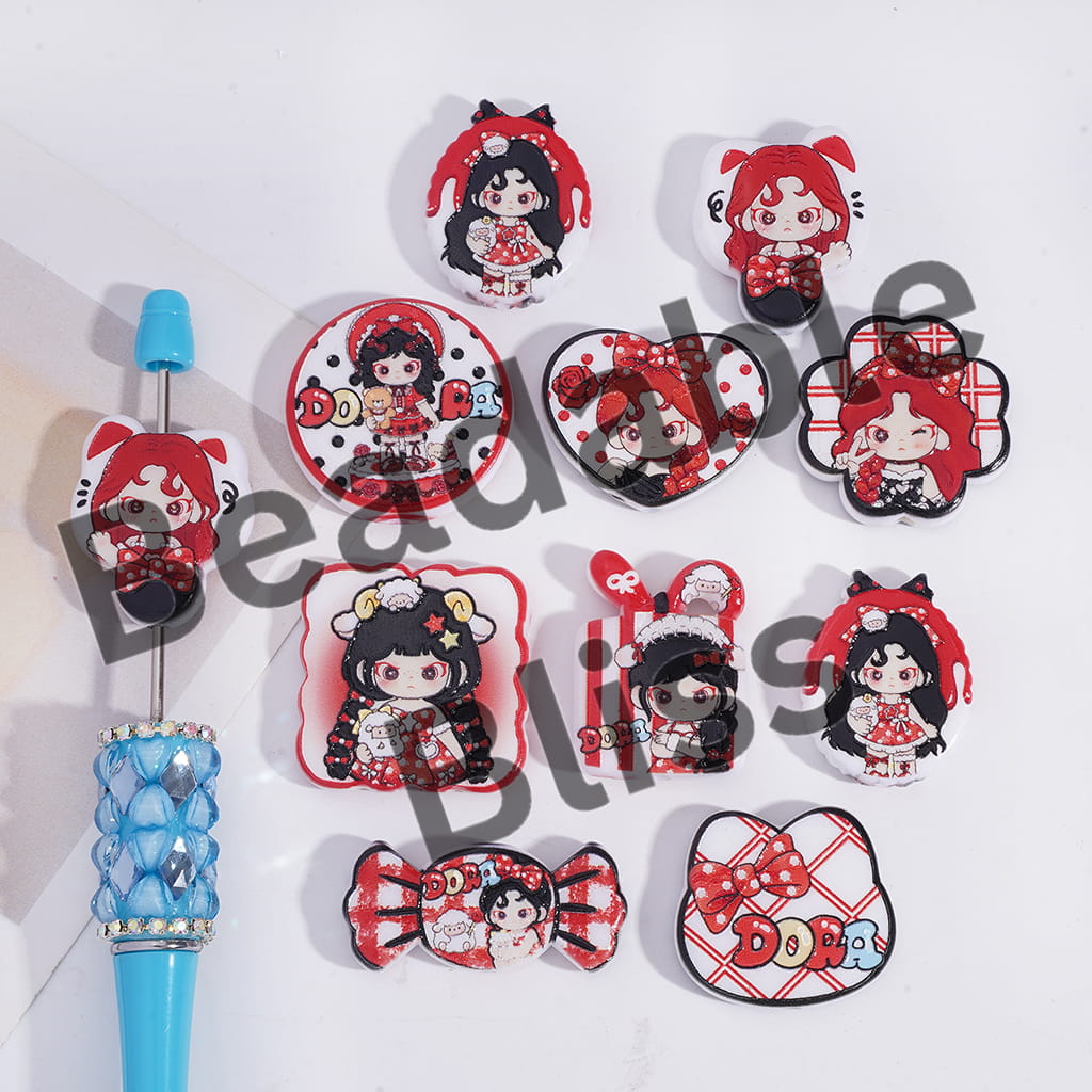 Acrylic Beads Pendant with Rebellious Girl Prints, Red Series, Random Mix