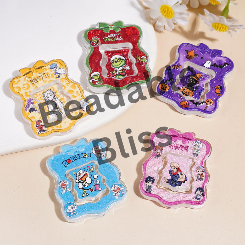 Christmas Halloween Cratoon Character Series Acrylic Beads, Wavy Edge Square Frame w Bow & Mini Piece, Random Mix (Please Read Description)