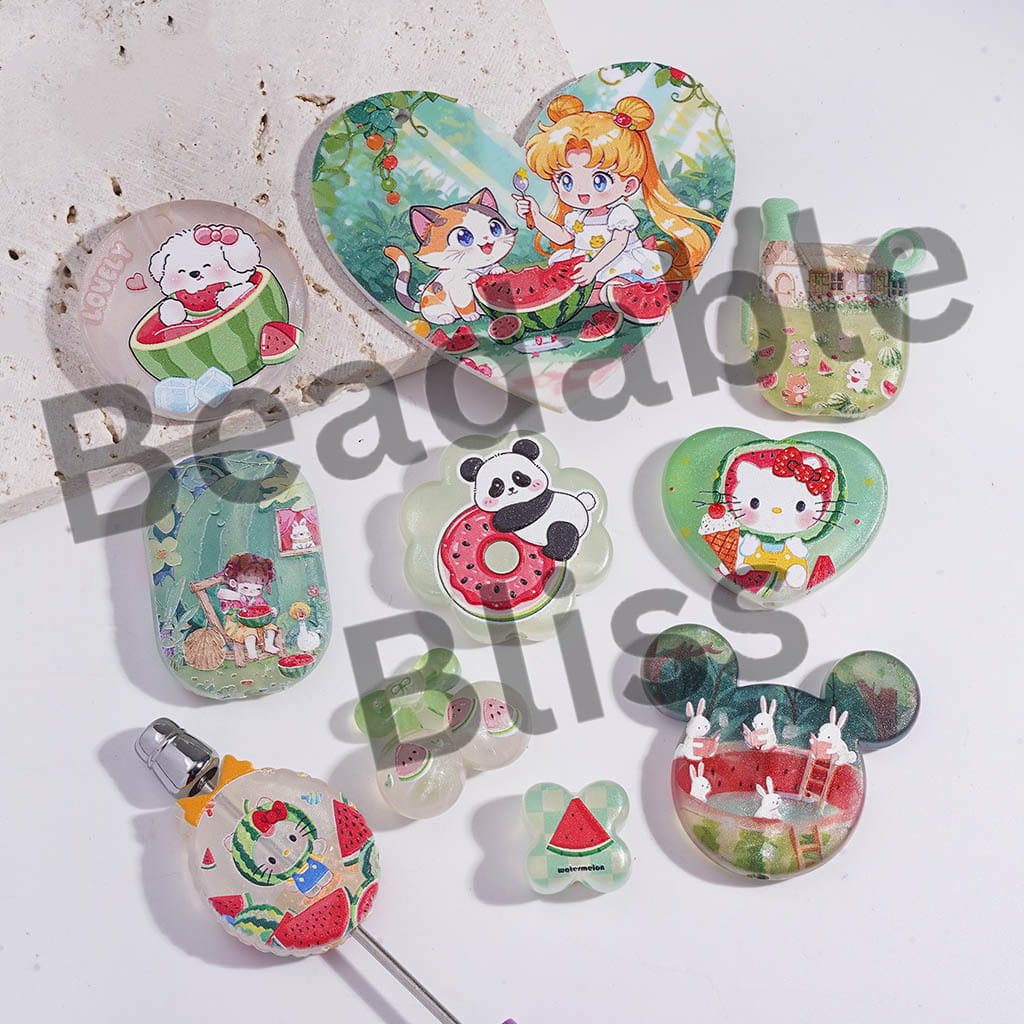 Acrylic Beads Pendants with Summer Watermelon Theme, Random Mix