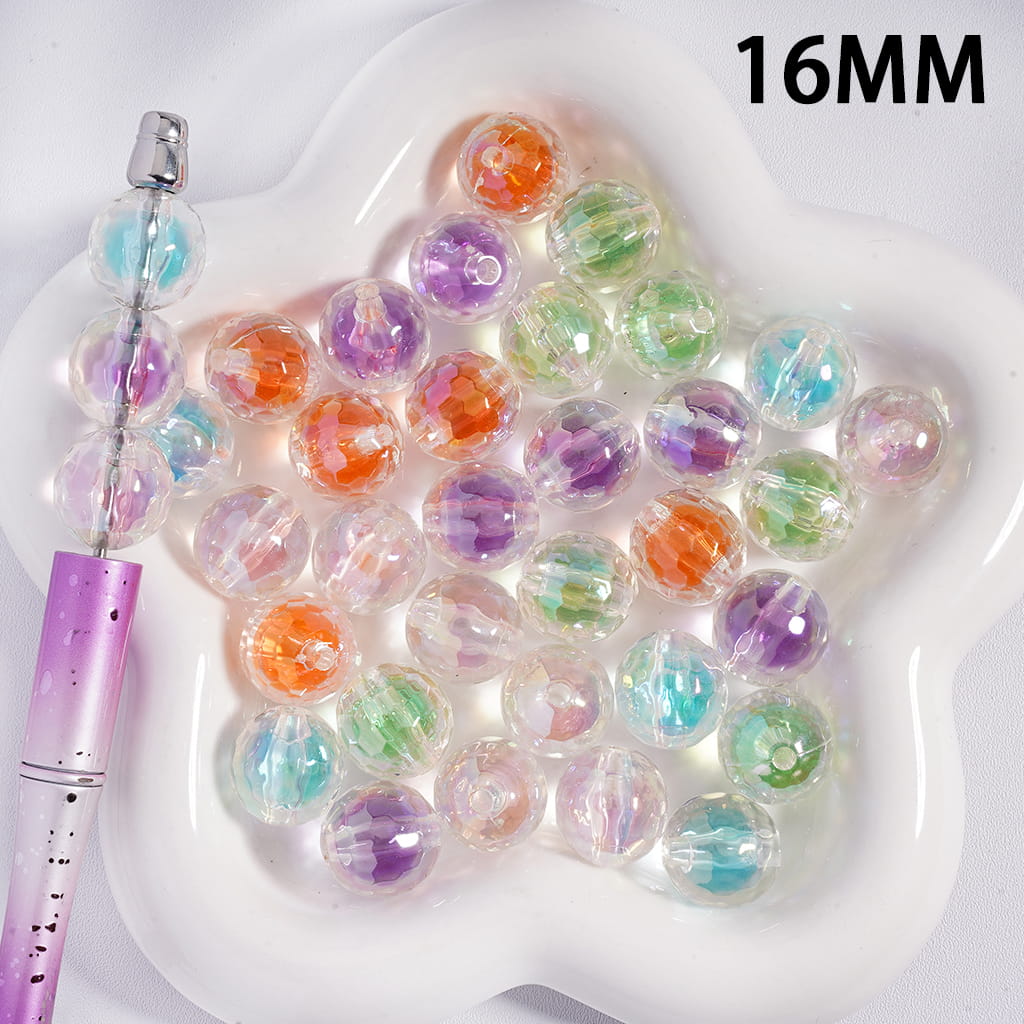 Colorful beads in a mold with a purple tool on a white background, labeled '16MM'.