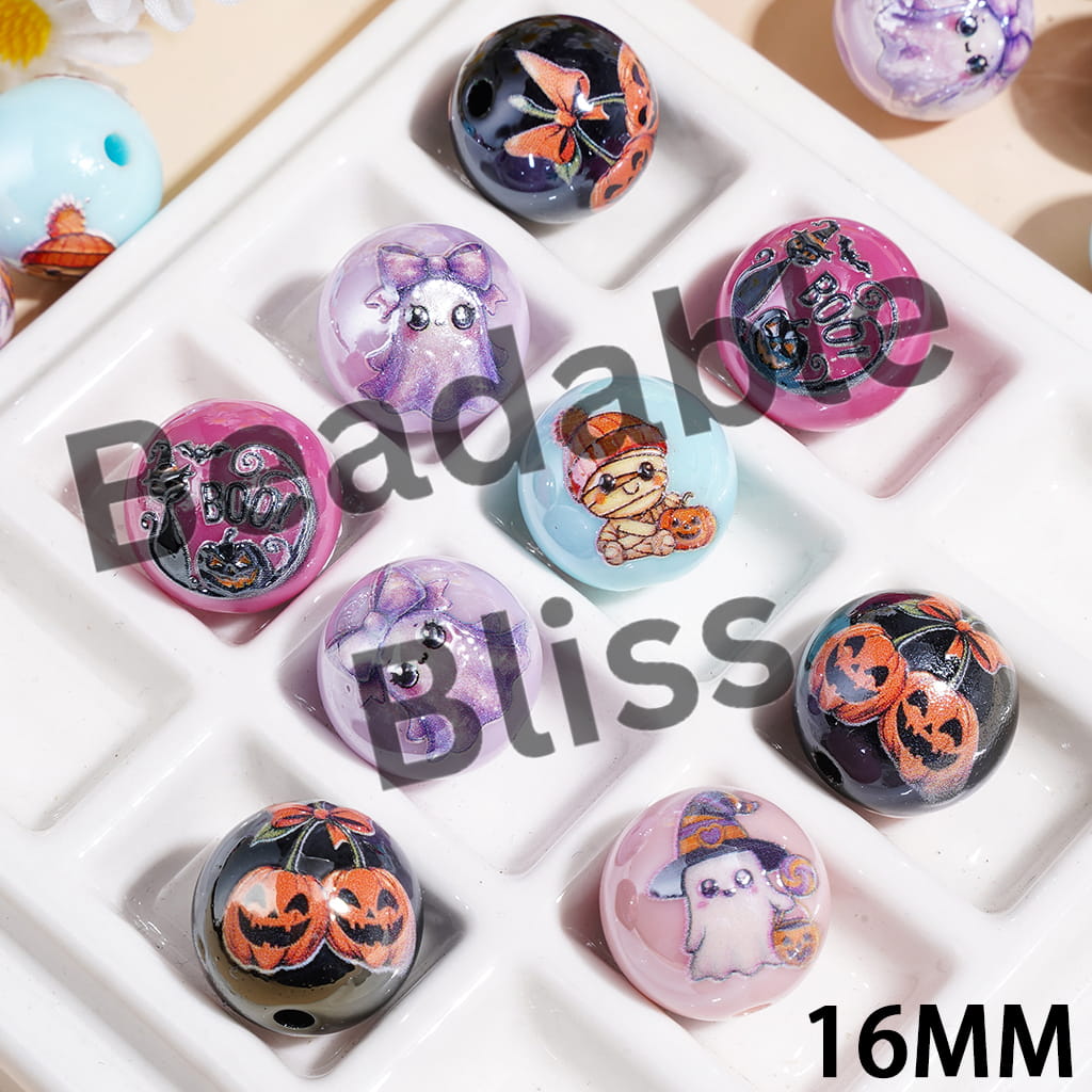 Halloween Ghost Pumpkin Mummy Printed Series Acrylic Beads for Bracelets, 16MM Random Mix