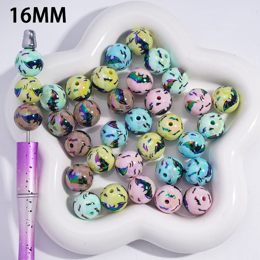 UV Coating Solid Color Halloween Bat Round Acrylic Beads,16MM, Random Mix