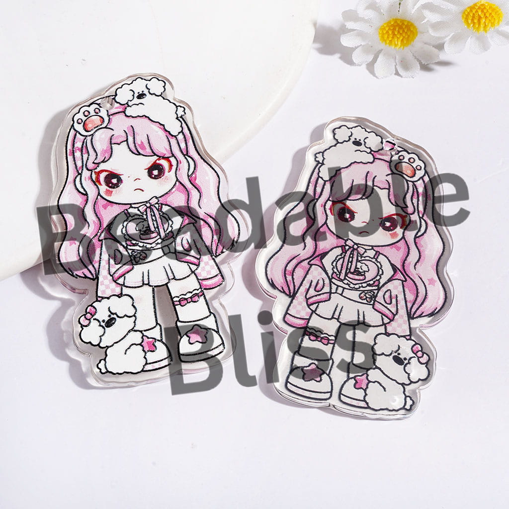Pink Haired Girl Wearing Pink Hairband with Bear Paw Cute Dog in Single-Sided Print Acrylic Pendants, Semi-Color