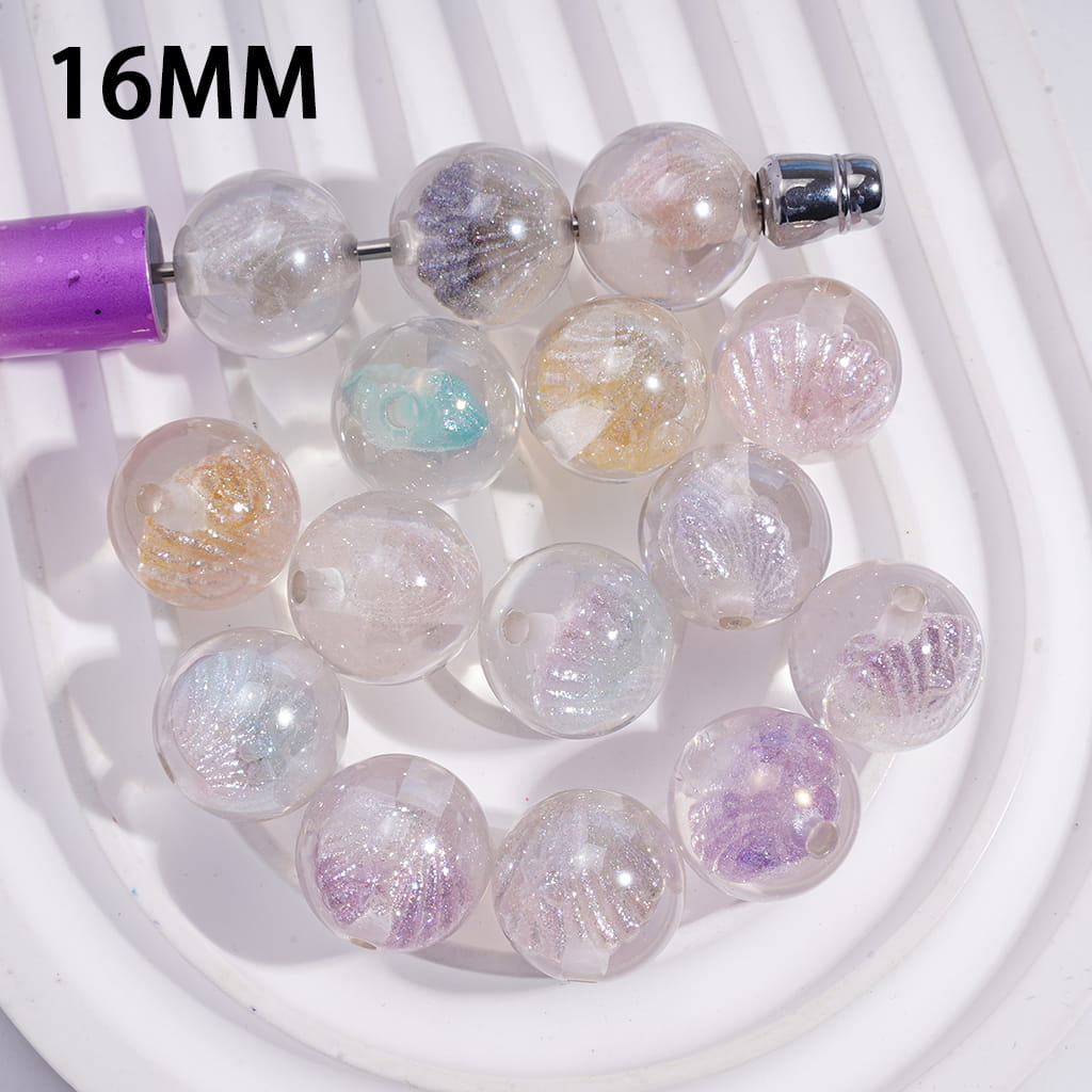 Acrylic Beads for Bracelets with Sea Shell and Glitters Embedded Inside Bead, 16MM, Clear, Random Mix