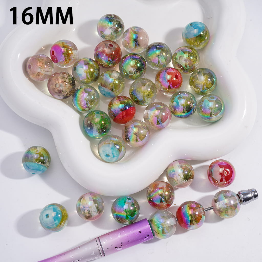 Acrylic Beads for Bracelets UV Coating with Flower Grass Embedded Inside Bead, 16MM, Semi-Clear, Random Mix