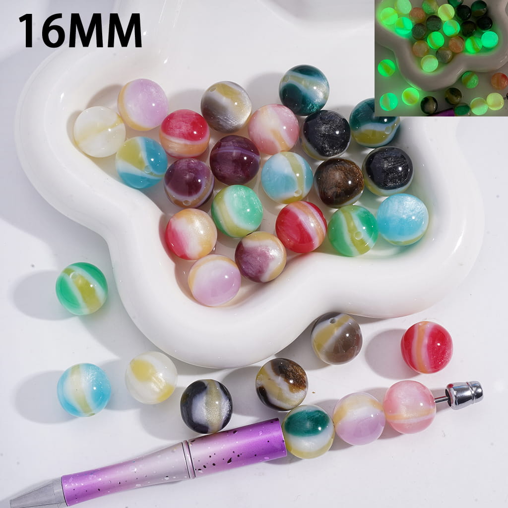 Acrylic Beads for Bracelets Luminous with Yellow Stripes in Three Layer Effect, Cat Eye Style, 16MM, Random Mix
