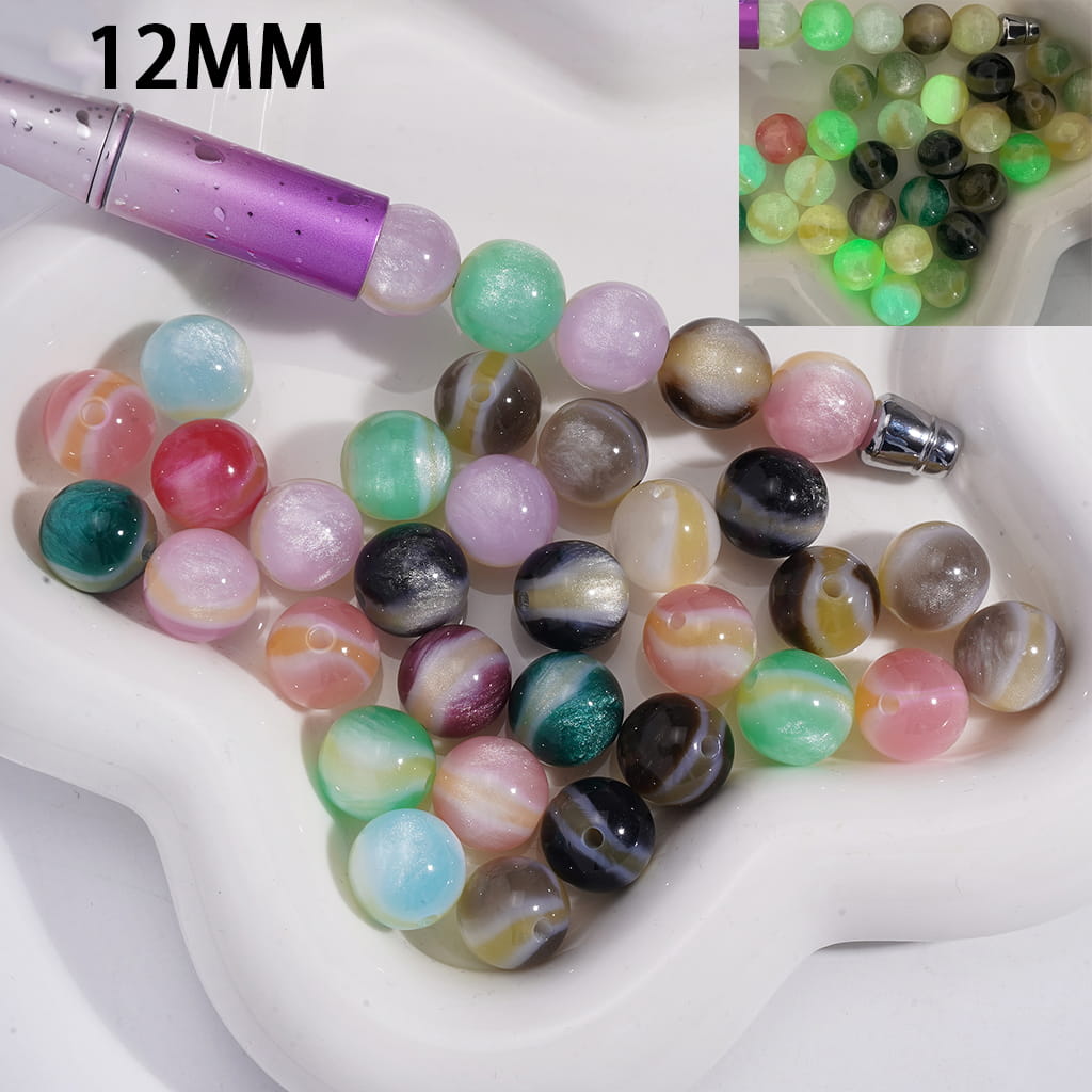 Acrylic Beads for Bracelets Luminous with Yellow Stripes in Three Layer Effect, Cat Eye Style, 12MM, Random Mix
