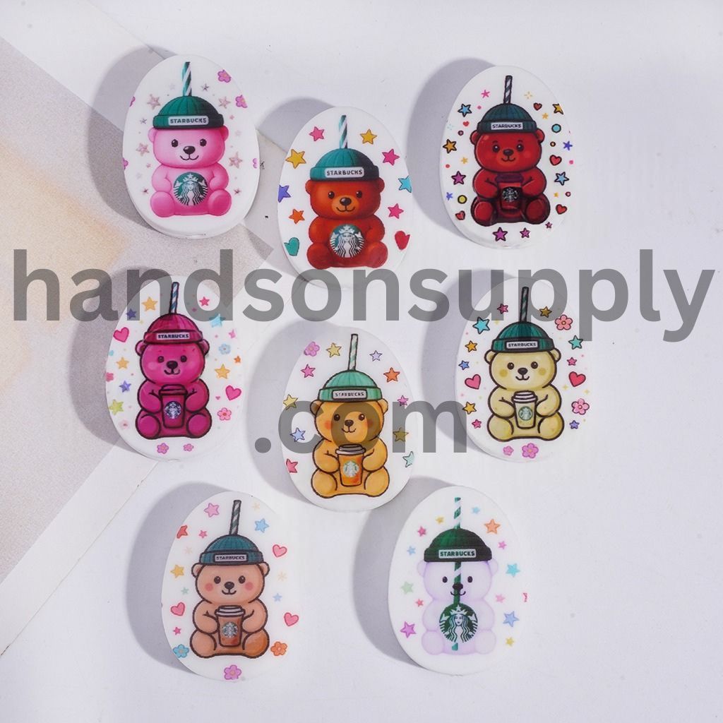 Silicone Focal Beads Oval Shape with Coffee Bear and Stars Flowers Hearts Patterns, Random Mix