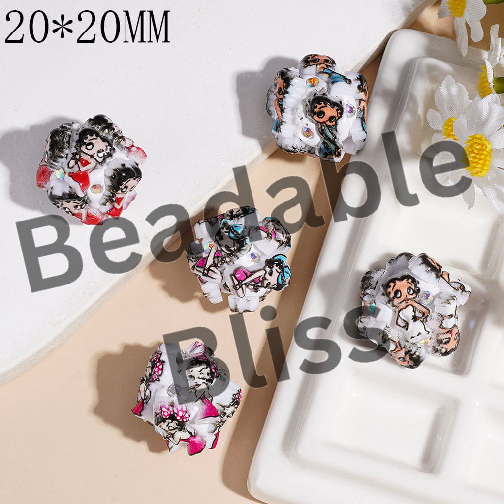 Clay Beads w Various Dress Old Girl Character and AB Rhinestones, 20*20MM Romdom Mix