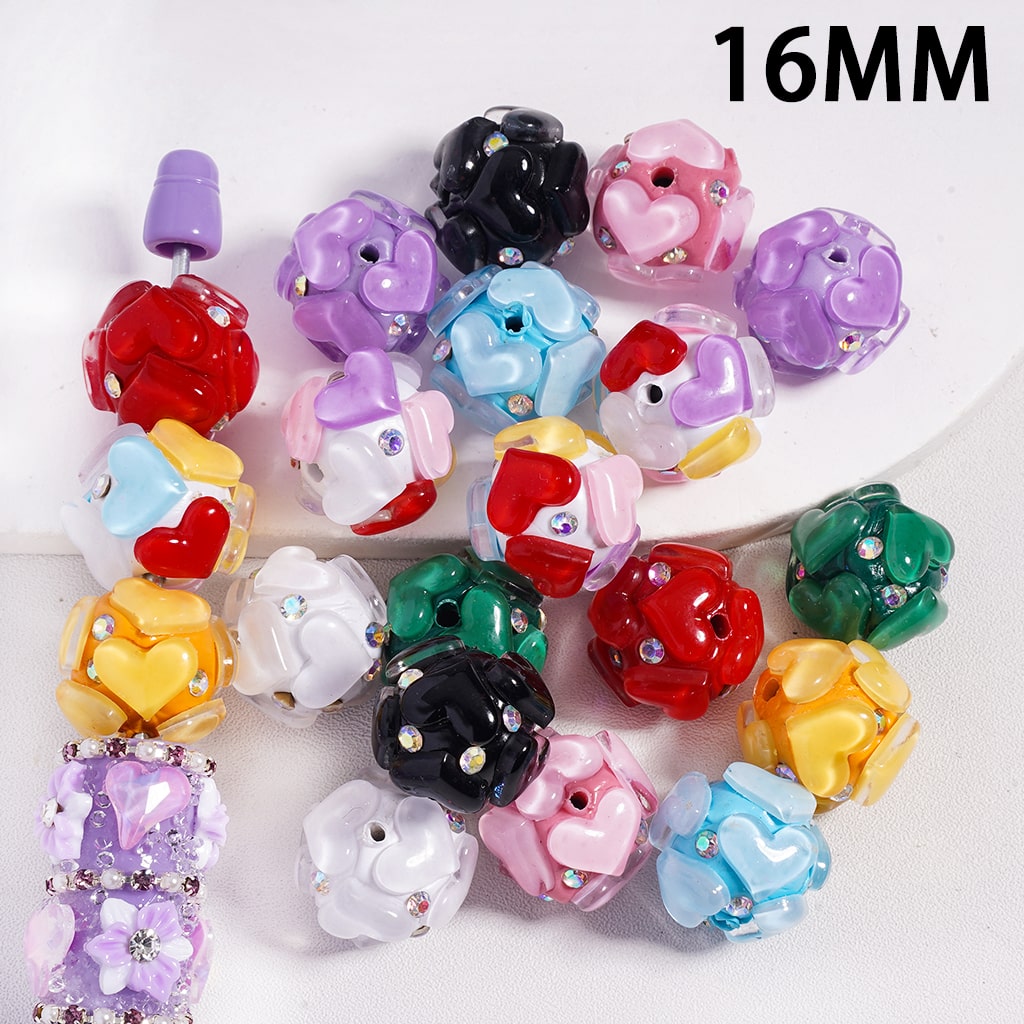 Assorted colorful beads with '16MM' text on a white background