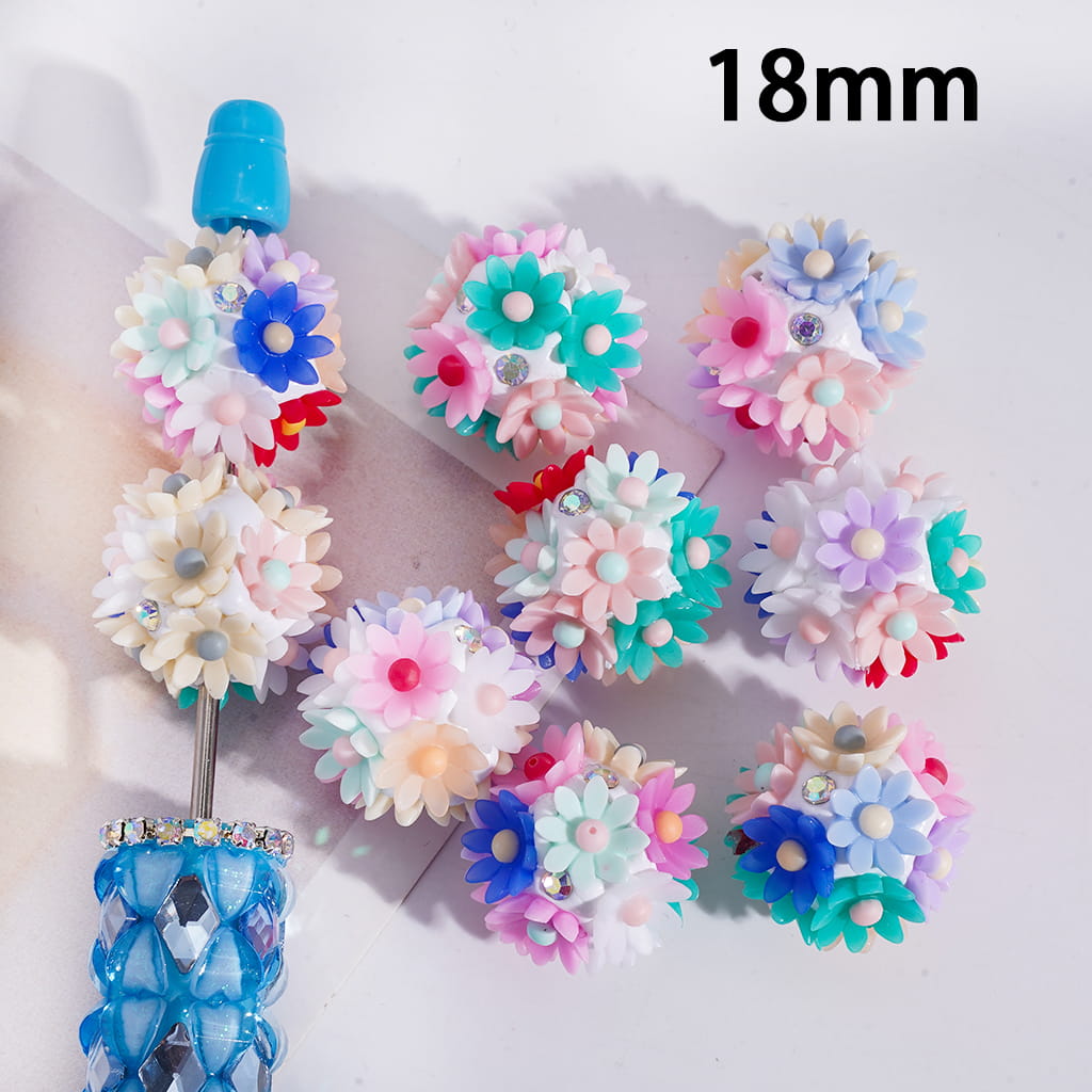 Colorful flower-shaped beads on a white background with '18mm' text.