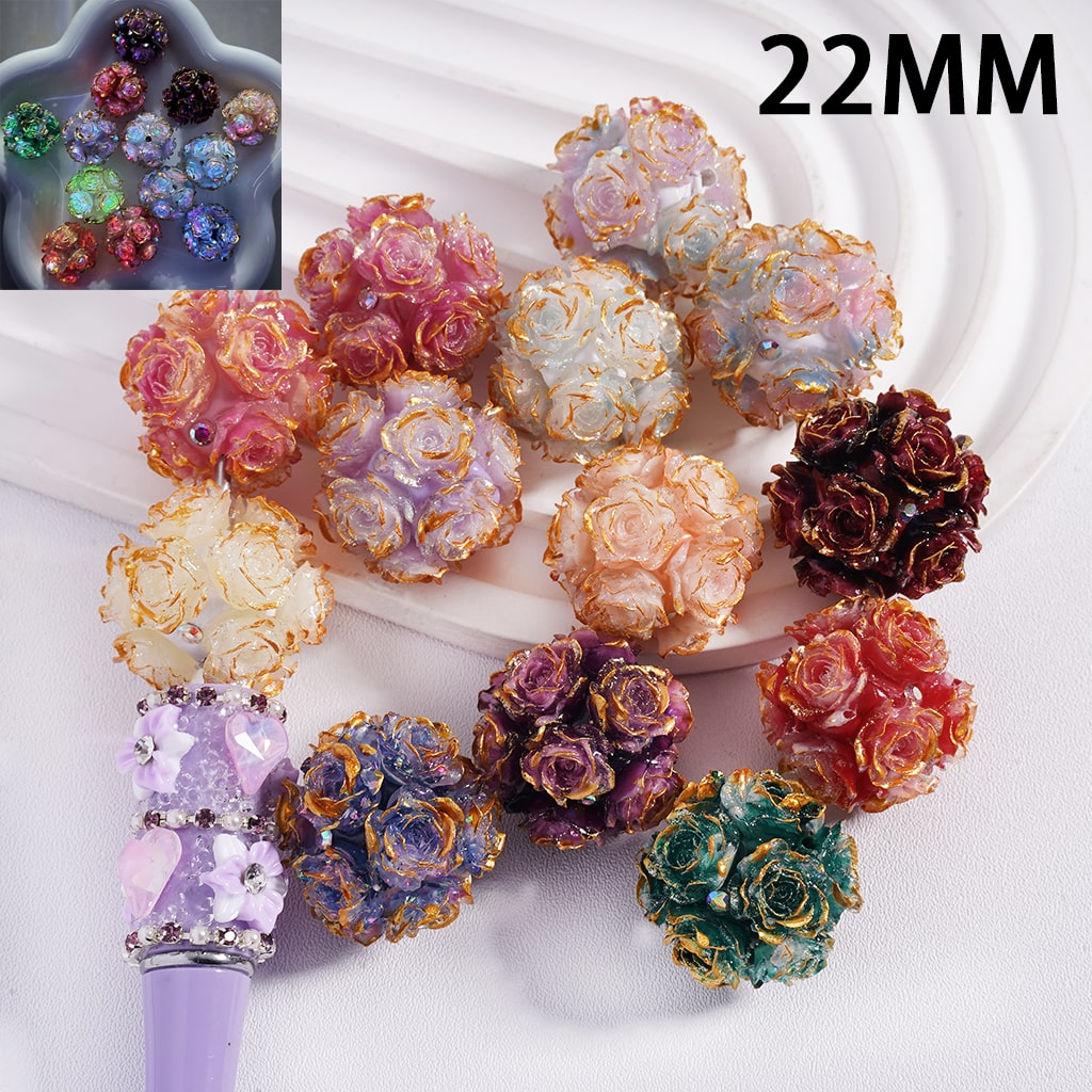 Colorful flower-shaped beads on a white background with '22MM' text.
