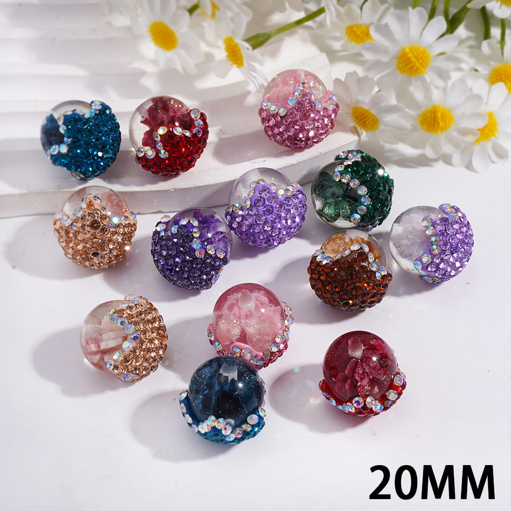 Clear Acorn Acrylic Beads in Clay Flower Calyx Covered by Rhinestones, 20MM, Random Mix