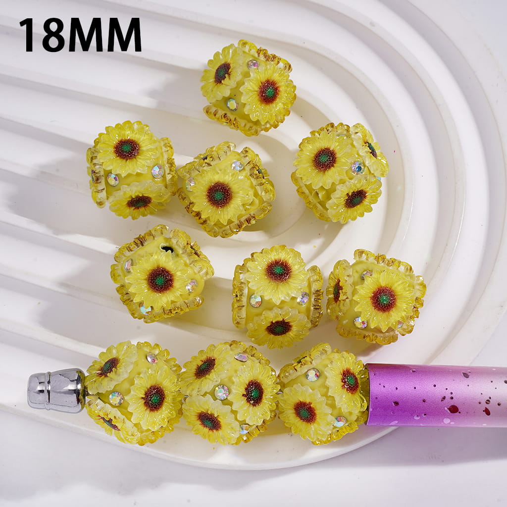 Clay Beads with Sunflowers and AB Rhinestones, 18MM
