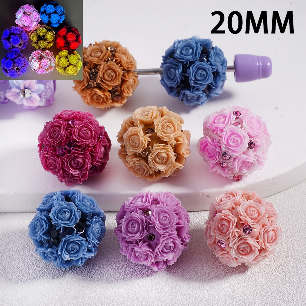 Colorful flower-shaped beads on a white background with '20MM' text.