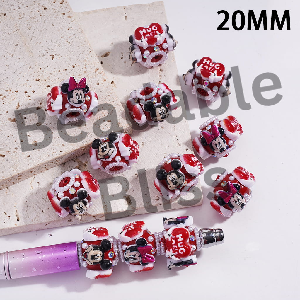 Clay Beads with Boy Girl Mouse Character and Heart, AB Rhinestones and White Pearls, 20MM, Random Mix