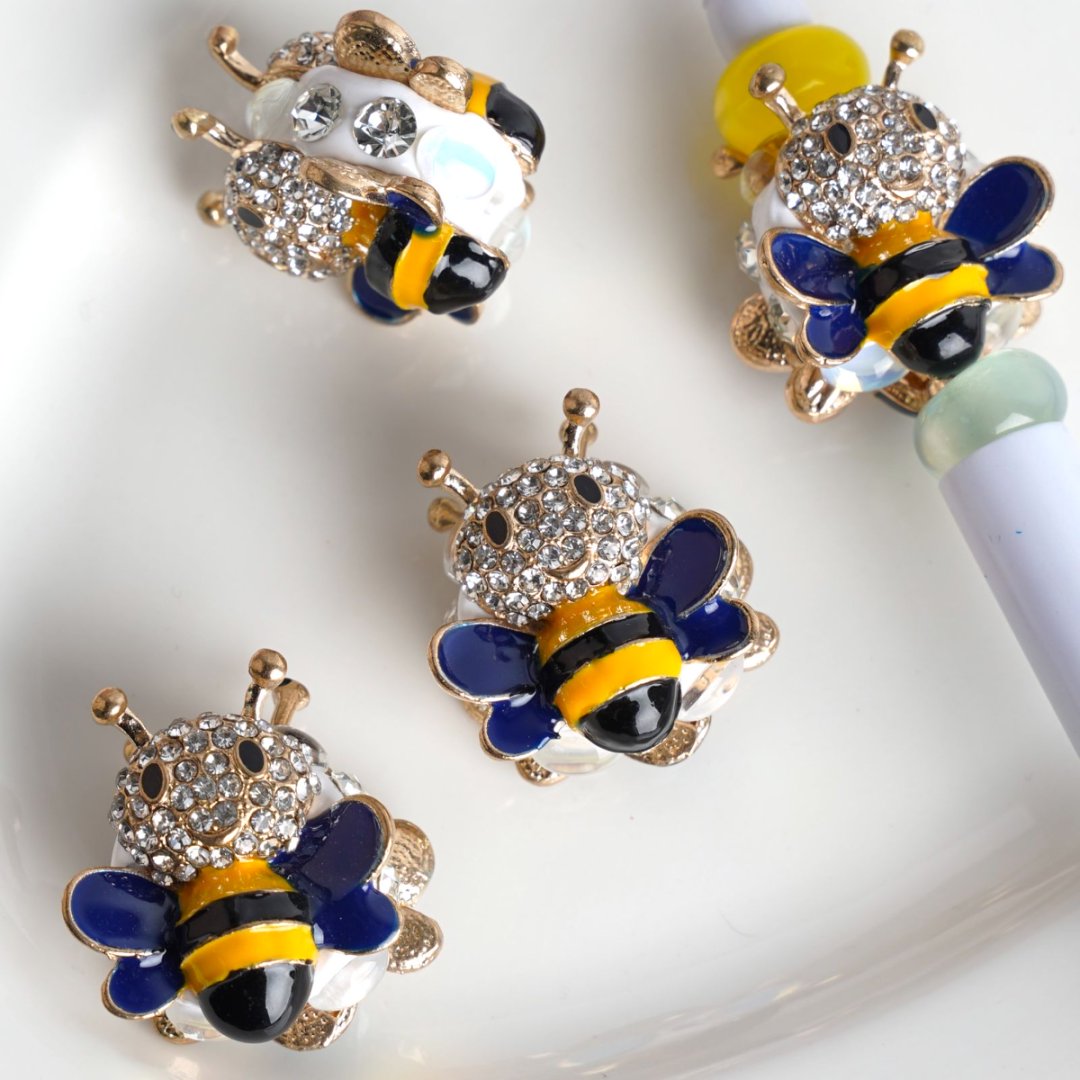 Fancy Mini Cute Alloy Bee with Clear Rhinestones Pearls White Flat Round Clay Beads, Around 27*30MM