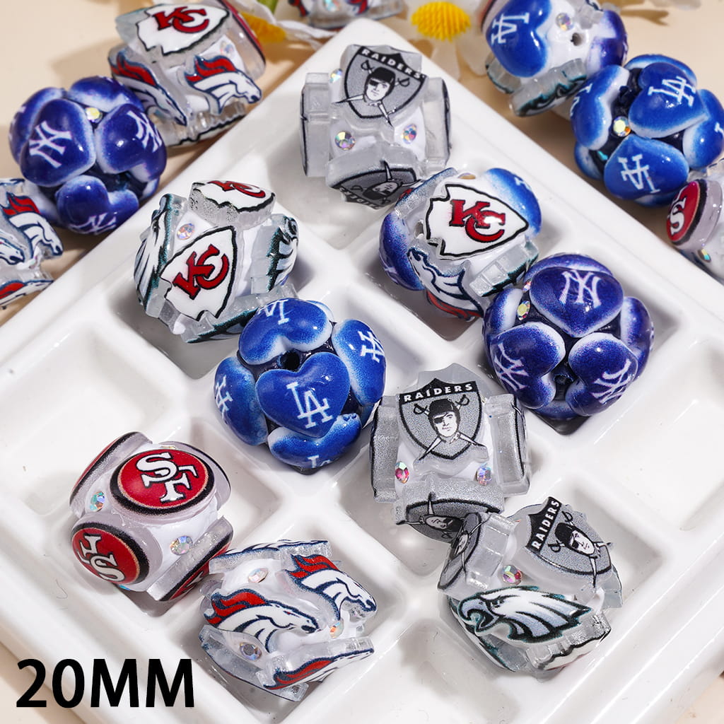 Clay Beads w USA Football & Baseball Team Series, AB Rhinestones, 20MM, Random Mix